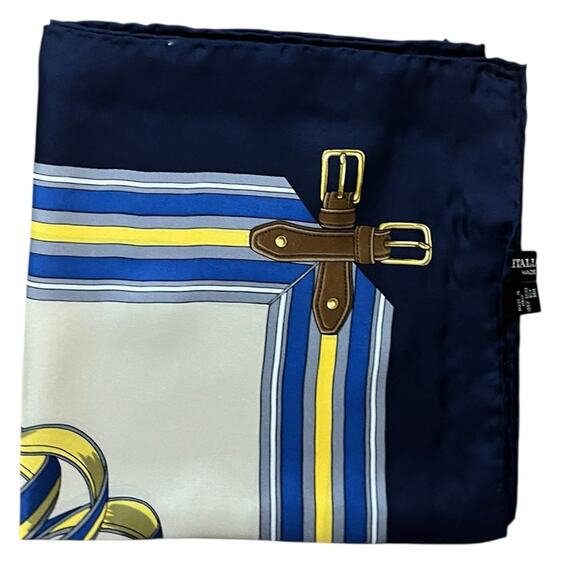 Longchamp Square Silk Scarf Ribbon Design Navy Border 90x90 cm 35x35 inches - Picture 6 of 9